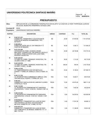 v
v
v
v
v
v
v
v
v
v
v
v
UNIVERSIDAD POLITECNICA SANTIAGO MARIÑO
Página Nº:
Fecha: 08/08/2014
PRESUPUESTO
Obra:
Contrato Nº: XXXX
UNIVERSIDAD SANTIAGO MARIÑOPropietario:
PARTIDA DESCRIPCIÓN CANTIDADUNIDAD P.U. TOTAL Bs
E-447.011.23146
M2 57.553,68 1.151.073,6020,00
E-462.000.sc47
M2. 3.292,13 131.685,2040,00
E-471.321.24048
PZA 28.736,86 574.737,2020,00
E-521.222.03749
M 1.714,30 85.715,0050,00
E-521.222.01850
M 545,44 218.176,00400,00
E-542.112.23051
PZA 9.106,63 227.665,7525,00
E-541.111.12052
PZA 6.400,71 96.010,6515,00
E-581-S/C53
PIEZA 45.874,09 688.111,3515,00
E-561.110.02054
PZA 7.402,58 59.220,648,00
E-562.310.04055
PZA 54.203,62 433.628,968,00
E-632.002.01956
PZA 17.241,28 68.965,124,00
E-631.001.01357
PZA 11.188,36 55.941,805,00
5
AMPLIACION DE LA COMUNIDAD TERAPEUTICA SOCIALISTA "LA CASA DE LA VIDA" PARROQUIA JUAN DE
VILLEGAS, MUNICIPIO IRIBARREN, ESTADO LARA
SUMINISTRO, TRANSPORTE Y COLOCACION DE
PUERTAS DE MADERA ENTAMBORADA, TIPO
BATIENTE.
FONDO SELLADOR (SELLO) EN TABIQUES Y/ O
PUERTAS DE MADERA.
CERRADURA DE POMO, ACABADO CROMO
BRILLANTE, CILINDRO FIJO, SIN CERROJO, PESTILLO
DE SIMPLE. POMO EXTERIOR CON LLAVE POMO
INTERIOR CON BOTON.
I.E CABLE DE COBRE, TRENSADO, REVESTIDO, TW,
CALIBRE 8 AWG (3.71 MM).
I.E CABLE DE COBRE, TRENSADO, REVESTIDO, TW,
CALIBRE 14 AWG (1.84 MM).
I.E. TOMACORRIENTES CON TAPA METALICA,
PUENTE Y TORNILLOS. SENCILLO, DOS (2) FASES, 30
A.
I.E. INTERRUPTORES COMBINABLES SIMPLES, CON
TAPA METALICA, PUENTE Y TORNILLOS, 20 A.
SUMINISTRO E INSTALACION DE LAMPARA FLUORES.
C/PANTALLA 1*40 W
I.E. INTERRUPTOR TERMOMAGNETICO (BREAKER)
CON ENCHUFE, 1 POLO, 10 KA ICC, 120/240 V, CAP. 20
A.
I.E. INTERRUPTOR TERMOMAGNETICO (BREAKER)
CON GANCHOS, 3 POLOS, 10 KA ICC, 120/240 V, CAP.
40 A.
SUMINISTRO Y TRANSPORTE DE LLAVE DE PASO
TIPO ESFERICA O DE BOLA, DE ALEACION DE
METALES, DIAMETRO 3/4" (19 MM) (150 PSI)
SUMINISTRO Y TRANSPORTE DE LLAVE DE PASO
TIPO COMPUERTA, DE BRONCE, DIAMETRO 1/2" (13
MM). (150 PSI).
 
