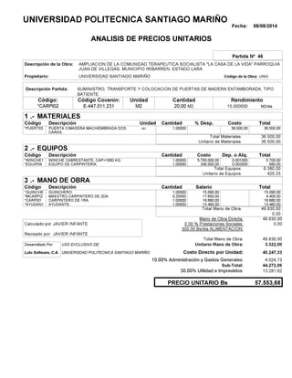 Fecha: 08/08/2014
ANALISIS DE PRECIOS UNITARIOS
Partida Nº 46
Descripción de la Obra:
Propietario: UNIVERSIDAD SANTIAGO MARIÑO UNIVCódigo de la Obra:
Descripción Partida:
CantidadCódigo Covenin:Código: RendimientoUnidad
*CARPI02 20,00 /diaM215,000000E-447.011.231 M2M2
1 MATERIALES
Descripción Costo% Desp.CantidadCódigo Unidad
36.500,001,00000M2*PUERT03 36,500.00
36.500,00Total Materiales:
36.500,00Unitario de Materiales:
2 EQUIPOS
Descripción Dep. o Alq.CostoCantidadCódigo
5.700,001,00000 5.700.000,00*WINCHE1 0.001000
680,001,00000 340.000,00*EQUIP04 0.002000
6.380,00Total Equipos:
425,33Unitario de Equipos:
3 MANO DE OBRA
Descripción SalarioCantidadCódigo
15.090,001,00000 15.090,00*GUINCHE
4.400,000,25000 17.600,00*MCARPI2
16.880,001,00000 16.880,00*CARPI01
13.460,001,00000 13.460,00*AYUDAN1
49.830,00Total Mano de Obra:
0,00
Mano de Obra Directa: 49.830,00
JAVIER INFANTECalculado por: 0.00 % Prestaciones Sociales: 0,00
300.00 Bs/dia ALIMENTACION:
JAVIER INFANTERevisado por:
Total Mano de Obra: 49.830,00
Desarrollado Por: USO EXCLUSIVO DE: Unitario Mano de Obra: 3.322,00
Lulo Software, C.A. Costo Directo por Unidad: 40.247,33
10.00% Administración y Gastos Generales: 4.024,73
44.272,06
30.00% Utilidad e Imprevistos: 13.281,62
57.553,68PRECIO UNITARIO Bs
.-
Total
.-
Total
.-
Total
Sub-Total:
UNIVERSIDAD POLITECNICA SANTIAGO MARIÑO
AMPLIACION DE LA COMUNIDAD TERAPEUTICA SOCIALISTA "LA CASA DE LA VIDA" PARROQUIA
JUAN DE VILLEGAS, MUNICIPIO IRIBARREN, ESTADO LARA
SUMINISTRO, TRANSPORTE Y COLOCACION DE PUERTAS DE MADERA ENTAMBORADA, TIPO
BATIENTE.
PUERTA C/MADERA MACHIEMBRADA DOS
CARAS.
WINCHE CABRESTANTE, CAP=1800 KG.
EQUIPO DE CARPINTERIA.
GUINCHERO.
MAESTRO CARPINTERO DE 2DA.
CARPINTERO DE 1RA.
AYUDANTE.
UNIVERSIDAD POLITECNICA SANTIAGO MARIÑO
 
