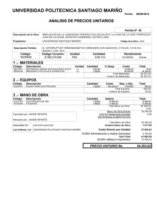 Fecha: 08/08/2014
ANALISIS DE PRECIOS UNITARIOS
Partida Nº 55
Descripción de la Obra:
Propietario: UNIVERSIDAD SANTIAGO MARIÑO UNIVCódigo de la Obra:
Descripción Partida:
CantidadCódigo Covenin:Código: RendimientoUnidad
*INTER28 8,00 /diaPZA20,000000E-562.310.040 PZAPZA
1 MATERIALES
Descripción Costo% Desp.CantidadCódigo Unidad
19,000,00100S.G.*MATEIE1 19,000.00
36.338,631,00000PZA*BREAK25 36,338.63
36.357,63Total Materiales:
36.357,63Unitario de Materiales:
2 EQUIPOS
Descripción Dep. o Alq.CostoCantidadCódigo
600,001,00000 300.000,00*EQUIP10 0.002000
600,00Total Equipos:
30,00Unitario de Equipos:
3 MANO DE OBRA
Descripción SalarioCantidadCódigo
16.880,001,00000 16.880,00*ELECTR1
13.460,001,00000 13.460,00*AYUDAN1
30.340,00Total Mano de Obra:
0,00
Mano de Obra Directa: 30.340,00
JAVIER INFANTECalculado por: 0.00 % Prestaciones Sociales: 0,00
300.00 Bs/dia ALIMENTACION:
JAVIER INFANTERevisado por:
Total Mano de Obra: 30.340,00
Desarrollado Por: USO EXCLUSIVO DE: Unitario Mano de Obra: 1.517,00
Lulo Software, C.A. Costo Directo por Unidad: 37.904,63
10.00% Administración y Gastos Generales: 3.790,46
41.695,09
30.00% Utilidad e Imprevistos: 12.508,53
54.203,62PRECIO UNITARIO Bs
.-
Total
.-
Total
.-
Total
Sub-Total:
UNIVERSIDAD POLITECNICA SANTIAGO MARIÑO
AMPLIACION DE LA COMUNIDAD TERAPEUTICA SOCIALISTA "LA CASA DE LA VIDA" PARROQUIA
JUAN DE VILLEGAS, MUNICIPIO IRIBARREN, ESTADO LARA
I.E. INTERRUPTOR TERMOMAGNETICO (BREAKER) CON GANCHOS, 3 POLOS, 10 KA ICC,
120/240 V, CAP. 40 A.
MATERIALES VARIOS INSTALACIONES ELECT.
BREAKERS 3 POLOS 40 A SUPERFICIAL
EQUIPO PARA ELECTRICIDAD.
ELECTRICISTA DE 1RA.
AYUDANTE.
UNIVERSIDAD POLITECNICA SANTIAGO MARIÑO
 