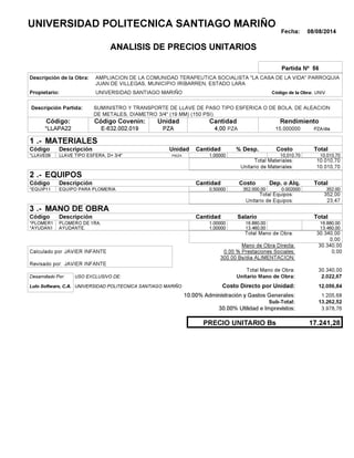Fecha: 08/08/2014
ANALISIS DE PRECIOS UNITARIOS
Partida Nº 56
Descripción de la Obra:
Propietario: UNIVERSIDAD SANTIAGO MARIÑO UNIVCódigo de la Obra:
Descripción Partida:
CantidadCódigo Covenin:Código: RendimientoUnidad
*LLAPA22 4,00 /diaPZA15,000000E-632.002.019 PZAPZA
1 MATERIALES
Descripción Costo% Desp.CantidadCódigo Unidad
10.010,701,00000PIEZA*LLAVE09 10,010.70
10.010,70Total Materiales:
10.010,70Unitario de Materiales:
2 EQUIPOS
Descripción Dep. o Alq.CostoCantidadCódigo
352,000,50000 352.000,00*EQUIP11 0.002000
352,00Total Equipos:
23,47Unitario de Equipos:
3 MANO DE OBRA
Descripción SalarioCantidadCódigo
16.880,001,00000 16.880,00*PLOMER1
13.460,001,00000 13.460,00*AYUDAN1
30.340,00Total Mano de Obra:
0,00
Mano de Obra Directa: 30.340,00
JAVIER INFANTECalculado por: 0.00 % Prestaciones Sociales: 0,00
300.00 Bs/dia ALIMENTACION:
JAVIER INFANTERevisado por:
Total Mano de Obra: 30.340,00
Desarrollado Por: USO EXCLUSIVO DE: Unitario Mano de Obra: 2.022,67
Lulo Software, C.A. Costo Directo por Unidad: 12.056,84
10.00% Administración y Gastos Generales: 1.205,68
13.262,52
30.00% Utilidad e Imprevistos: 3.978,76
17.241,28PRECIO UNITARIO Bs
.-
Total
.-
Total
.-
Total
Sub-Total:
UNIVERSIDAD POLITECNICA SANTIAGO MARIÑO
AMPLIACION DE LA COMUNIDAD TERAPEUTICA SOCIALISTA "LA CASA DE LA VIDA" PARROQUIA
JUAN DE VILLEGAS, MUNICIPIO IRIBARREN, ESTADO LARA
SUMINISTRO Y TRANSPORTE DE LLAVE DE PASO TIPO ESFERICA O DE BOLA, DE ALEACION
DE METALES, DIAMETRO 3/4" (19 MM) (150 PSI)
LLAVE TIPO ESFERA, D= 3/4"
EQUIPO PARA PLOMERIA.
PLOMERO DE 1RA.
AYUDANTE.
UNIVERSIDAD POLITECNICA SANTIAGO MARIÑO
 