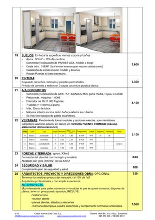 4/16 Casas nuevas Low Cost, S.L. General Mitre 86, 3º2ª, 08021 Barcelona
info@casasnuevaslowcost.com www.casasnuevaslowcost.com 625 374 945 – 93 602 48 61
19 SUELOS: En toda la superficie menos cocina y baños
- Aprox. 125m2 + 10% desperdicio.
- Suministro y colocación de PARKET AC4, modelo a elegir
- Coste máx.: 10€/M2 (En Ferrolan tenemos gran relación calidad-precio)
- Instalación de zócalo mismo modelo y listones
- Rebaje Puertas si fuera necesario.
3.600
20 PINTURA:
Enyesado de techos, tabiques y paredes perimetrales.
Pintado de paredes y techos en 3 capas de pintura plástica blanca.
2.300
21 A/A CONDUCTOS:
- Suministro y colocación de AIRE POR CONDUCTOS gama media, Hiyasu o similar
- Precio máx. máquina: 1.900€
- Frío/calor de 10-11.000 frigorías,
- 7 salidas y 1 retorno al pleno
- Máx. 35mts de tubos
- Máquina interior encima techo baño y exterior en cubierta.
- Se incluyen trabajos de paleta estándares.
4.100
22 VENTANAS: Pendiente de tomar medidas y opciones exactas, son orientativas
Carpintería aluminio exterior en blanco en ROTURA PUENTE TERMICO (máximo
aislamiento térmico/acústico)
5.100
23 PORCHE Y TERRAZA: aprox. XXm2
Formación del planché con hormigón y nivelado
Alicatado con gres (10€/m2) de los XXm2
XXX
24 SEGURIDAD Y SALUD:
Cumplimiento plan de seguridad y salud.
800
25 ARQUITECTOS: PROYECTO Y DIRECCIONES OBRA: OPCIONAL
Tenemos los mejores precios del mercado y al 10% de IVA
Arquitectos profesionales y con amplia experiencia
ANTEPROYECTO:
Muy interesante para poder comenzar y visualizar lo que se quiere construir, disponer de
planos, tener un presupuesto ajustado, INCLUYE:
- Visita terreno
- reunión cliente
- planos plantas, alzados y secciones
- memoria descriptiva, cuadro superficies y cumplimiento normativa urbanística.
750
7.500
 