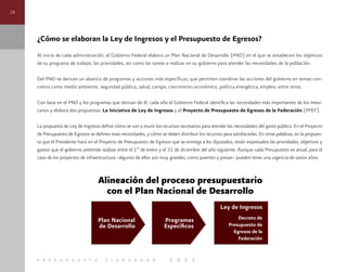 18
p r e s u p u e s t o c i u d a d a n o 2 0 1 1
¿Cómo se elaboran la Ley de Ingresos y el Presupuesto de Egresos?
Al inicio de cada administración, el Gobierno Federal elabora un Plan Nacional de Desarrollo (PND) en el que se establecen los objetivos
de su programa de trabajo, las prioridades, así como las tareas a realizar en su gobierno para atender las necesidades de la población.
Del PND se derivan un abanico de programas y acciones más específicas, que permiten coordinar las acciones del gobierno en temas con-
cretos como medio ambiente, seguridad pública, salud, campo, crecimiento económico, política energética, empleo, entre otros.
Con base en el PND y los programas que derivan de él, cada año el Gobierno Federal identifica las necesidades más importantes de los mexi-
canos y elabora dos propuestas: La Iniciativa de Ley de Ingresos y el Proyecto de Presupuesto de Egresos de la Federación (PPEF).
La propuesta de Ley de Ingresos define cómo se van a reunir los recursos necesarios para atender las necesidades del gasto público. En el Proyecto
de Presupuesto de Egresos se definen esas necesidades, y cómo se deben distribuir los recursos para satisfacerlas. En otras palabras, en la propues-
ta que el Presidente hace en el Proyecto de Presupuesto de Egresos que se entrega a los diputados, están expresados las prioridades, objetivos y
gastos que el gobierno pretende realizar entre el 1º de enero y el 31 de diciembre del año siguiente. Aunque cada Presupuesto es anual, para el
caso de los proyectos de infraestructura –algunos de ellos son muy grandes, como puentes y presas– pueden tener una vigencia de varios años.
 
