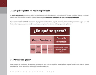 22
p r e s u p u e s t o c i u d a d a n o 2 0 1 1
2. ¿En qué se gastan los recursos públicos?
El Gasto de Inversión del Gobierno Federal comprende los recursos destinados para la construcción de escuelas, hospitales, puentes, carreteras y
presas. Todas estas obras de infraestructura son necesarias para el desarrollo económico del país y la creación de empleos.
Por su parte, el Gasto Corriente se compone de programas sociales, salarios, pago de pensiones y los materiales y suministros (agua, luz y telé-
fono, medicinas y vacunas, entre otros) necesarios para cumplir con los objetivos de los programas de gobierno.
3. ¿Para qué se gasta?
En el Proyecto de Presupuesto de Egresos de la Federación para 2011 el Presidente Felipe Calderón propone fortalecer tres aspectos que son
fundamentales para el desarrollo de México y de la sociedad mexicana:
 