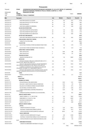 S10 Página 10
Presupuesto
“INTERVENCION EN RECONSTRUCCION MEDIANTE INVERSIONES - IRI - EN LA IE N° 2209 DEL C.P. HUANCHACO,
DISTRITO DE HUANCHACO, PROVINCIA DE TRUJILLO, REGION LA LIBERTAD. C.L. 737566”
0701061
Presupuesto
PRESUPUESTO DE OBRA
001
Subpresupuesto
PRONIED 30/09/2021
Costo al
Cliente
Lugar LA LIBERTAD - TRUJILLO - HUANCHACO
Precio S/. Parcial S/.
Item Descripción Und. Metrado
217.88
4.00
SALIDA PARA CENTRO DE LUZ COLGADO pto
06.02.02.04.01.01 54.47
39.62
1.00
SALIDA PARA CENTRO DE LUZ CON TAPA CIEGA pto
06.02.02.04.01.02 39.62
38.82
1.00
SALIDA PARA BRAQUETE pto
06.02.02.04.01.03 38.82
32.88
1.00
SALIDA PARA ALUMBRADO DE EMERGENCIA pto
06.02.02.04.01.04 32.88
SALIDAS PARA INTERRUPTORES
06.02.02.04.02 126.85
39.60
1.00
SALIDA PARA INTERRUPTOR UNIPOLAR SIMPLE pto
06.02.02.04.02.01 39.60
41.33
1.00
SALIDA PARA INTERRUPTOR UNIPOLAR DOBLE pto
06.02.02.04.02.02 41.33
45.92
1.00
SALIDA PARA INTERRUPTOR DE CONMUTACION pto
06.02.02.04.02.03 45.92
SALIDAS PARA TOMACORRIENTES
06.02.02.04.03 395.50
395.50
7.00
SALIDA PARA TOMACORRIENTE BIPOLAR DOBLE CON LINEA A TIERRA pto
06.02.02.04.03.01 56.50
CANALIZACIONES, CONDUCTOS O TUBERIAS
06.02.02.04.04 296.05
296.05
35.37
TUBERIA PVC-P ELECTRICO 20MM ml
06.02.02.04.04.01 8.37
CAJAS DE PASE
06.02.02.04.05 30.96
14.78
1.00
CAJA DE PASE OCTOGONAL DE FIERRO GALVANIZADO PESADO 100X55
mm
Und
06.02.02.04.05.01 14.78
16.18
1.00
CAJA DE PASE DE FIERRO GALVANIZADO PESADO 100x100x50 mm Und
06.02.02.04.05.02 16.18
CONDUCTORES Y CABLES DE ENERGIA
06.02.02.04.06 363.82
175.51
60.94
CABLE LSOH-90 2.5mm2 m
06.02.02.04.06.01 2.88
188.31
53.65
CABLE LSOH-90 4.0mm2 m
06.02.02.04.06.02 3.51
TABLEROS ELECTRICOS
06.02.02.04.07 958.08
958.08
1.00
TABLERO DE DISTRIBUCIÓN TD-B Und
06.02.02.04.07.01 958.08
ARTEFACTOS
06.02.02.04.08 1,137.08
345.72
3.00
ARTEFACTO P/COLGAR, C/TRES LAM. FLUORESCENTES 36W, ALTO F.P.,
CON REJILLA MET. SIMILAR A RAS 3 X36W (LC-01)
Und
06.02.02.04.08.01 115.24
560.96
4.00
ARTEFACTO PARA ADOSAR ANTIVANDALICO, DIFUSOR TRANSPARENTE
CON 2 LAMPARAS AHORRADORAS DE 2x18W. SIMILAR AL RSP-2x18W (L-04)
Und
06.02.02.04.08.02 140.24
110.20
1.00
ALUMBRADO DE EMERGENCIA C/DOS LAMPARAS REFLECTORAS 20W
TIPO ADOSADO, AUTONOMIA T=2H Y TOMACORRIENTE DOBLE 2P+T
Und
06.02.02.04.08.03 110.20
120.20
1.00
ARTEFACTO PARA ADOSAR EN TECHO, DIFUSOR DE PLASTICO, CON UNA
LAMPARA FLUORESCENTE CIRCULAR DE 32W. ALTO FACTOR CON BALASTRO
Und
06.02.02.04.08.04 120.20
VARIOS
06.02.02.04.09 114.07
114.07
17.00
PRUEBAS AL SISTEMA ELECTRICO pto
06.02.02.04.09.01 6.71
UNIDAD Y.4
06.02.03 81,627.72
ESTRUCTURAS
06.02.03.01 63,388.11
MOVIMIENTO DE TIERRAS
06.02.03.01.01 4,756.83
2,600.63
62.50
EXCAVACION MANUAL PARA CIMENTACIONES m3
06.02.03.01.01.01 41.61
265.12
45.79
NIVELACION Y COMPACTACION DE FONDOS DE CIMENTACION m2
06.02.03.01.01.02 5.79
410.39
10.88
RELLENO DE PLATAFORMA DE AFIRMADO CON EQUIPO MENOR m3
06.02.03.01.01.03 37.72
802.72
34.78
RELLENO MANUAL CON MATERIAL PROPIO m3
06.02.03.01.01.04 23.08
219.73
23.78
ACARREO INTERNO MANUAL DE MATERIAL PROCEDENTE DE
EXCAVACIONES
m3
06.02.03.01.01.05 9.24
458.24
23.78
ELIMINACION DE MATERIAL PROCEDENTE DE LAS EXCAVACIONES m3
06.02.03.01.01.06 19.27
OBRAS DE CONCRETO SIMPLE
06.02.03.01.02 2,606.47
1,333.56
6.83
CIMIENTO CORRIDO C:H, 1:10 + 30%P.G 6" MAX m3
06.02.03.01.02.01 195.25
44.06
0.20
SOBRECIMIENTO C:H 1:8+25% P.M. 3" MAX m3
06.02.03.01.02.02 220.30
180.75
3.06
ENCOFRADO EN SOBRECIMIENTO m2
06.02.03.01.02.03 59.07
1,048.10
29.13
SOLADO h=10 CM, C:H 1:12 m2
06.02.03.01.02.04 35.98
OBRAS DE CONCRETO ARMADO
06.02.03.01.03 56,024.81
ZAPATAS
06.02.03.01.03.01 9,222.92
4,586.49
13.25
CONCRETO EN ZAPATAS f'c=210 kg/cm2 m3
06.02.03.01.03.01.01 346.15
843.34
15.30
ENCOFRADO Y DESENCOFRADO NORMAL EN ZAPATAS m2
06.02.03.01.03.01.02 55.12
3,793.09
683.44
ACERO DE REFUERZO EN ZAPATAS GRADO 60, fy=4200 kg/cm2 kg
06.02.03.01.03.01.03 5.55
VIGAS DE CIMENTACIÓN
06.02.03.01.03.02 5,035.60
1,392.15
3.89
CONCRETO EN VIGA DE CIMENTACION f'c=210 kg/cm2 m3
06.02.03.01.03.02.01 357.88
1,443.98
23.51
ENCOFRADO Y DESENCOFRADO NORMAL EN VIGA DE CIMENTACION m2
06.02.03.01.03.02.02 61.42
2,199.47
396.30
ACERO DE REFUERZO EN VIGA DE CIMENTACION GRADO 60, fy=4200
kg/cm2
kg
06.02.03.01.03.02.03 5.55
SOBRECIMIENTO REFORZADO
06.02.03.01.03.03 3,128.42
773.02
2.16
CONCRETO EN SOBRECIMIENTO REFORZADO f'c=210 kg/cm2 m3
06.02.03.01.03.03.01 357.88
20/05/2022 08:19:58
Fecha :
 
