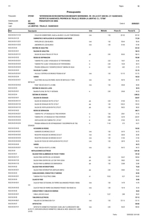 S10 Página 15
Presupuesto
“INTERVENCION EN RECONSTRUCCION MEDIANTE INVERSIONES - IRI - EN LA IE N° 2209 DEL C.P. HUANCHACO,
DISTRITO DE HUANCHACO, PROVINCIA DE TRUJILLO, REGION LA LIBERTAD. C.L. 737566”
0701061
Presupuesto
PRESUPUESTO DE OBRA
001
Subpresupuesto
PRONIED 30/09/2021
Costo al
Cliente
Lugar LA LIBERTAD - TRUJILLO - HUANCHACO
Precio S/. Parcial S/.
Item Descripción Und. Metrado
351.53
1.00
OVALIN DE SOBREPONER, 45x30 cm BLANCO, C/LLAVE TEMPORIZADA Und
06.02.04.03.01.01.02 351.53
SUMINISTRO E INSTALACION DE ACCESORIOS SANITARIOS
06.02.04.03.01.02 172.38
90.44
1.00
PAPELERA DE LOSA BLANCA Und
06.02.04.03.01.02.01 90.44
81.94
1.00
JABONERA DE LOZA BLANCA Und
06.02.04.03.01.02.02 81.94
SISTEMA DE AGUA FRIA
06.02.04.03.02 531.03
SALIDAS DE AGUA FRIA
06.02.04.03.02.01 166.10
166.10
2.00
SALIDA DE AGUA FRIA Ø=1/2" PVC-R pto
06.02.04.03.02.01.01 83.05
REDES DE DISTRIBUCION
06.02.04.03.02.02 102.98
32.46
2.02
TUBERÍA PVC CLASE 10 ROSCADA Ø 1/2" P/INTERIORES m
06.02.04.03.02.02.01 16.07
48.73
2.50
TUBERÍA PVC CLASE 10 ROSCADA Ø 3/4" P/INTERIORES m
06.02.04.03.02.02.02 19.49
21.79
4.52
PRUEBA HIDRAULICA Y DESINFECCION DE TUBERIA DE AGUA m
06.02.04.03.02.02.03 4.82
VALVULAS Y LLAVES
06.02.04.03.02.03 121.70
121.70
1.00
VALVULA ESFERICA DE BRONCE PESADA Ø 3/4" Und
06.02.04.03.02.03.01 121.70
VARIOS
06.02.04.03.02.04 140.25
90.76
1.00
CAJA PARA VALVULA EN PARED, NICHO DE MAYOLICA Y TAPA
METALICA
Und
06.02.04.03.02.04.01 90.76
49.49
1.00
PASE TUB.SCH-40 Ø 2" (L=0.30M) Und
06.02.04.03.02.04.02 49.49
SISTEMA DE AGUA DE LLUVIA
06.02.04.03.03 59.18
59.18
2.00
BAJADA PLUVIAL DE PVC 4" ADOSADA m
06.02.04.03.03.01 29.59
SISTEMA DE DESAGUE
06.02.04.03.04 1,086.22
SALIDAS DE DESAGUE
06.02.04.03.04.01 420.97
195.12
2.00
SALIDA DE DESAGUE EN PVC CP Ø 2" pto
06.02.04.03.04.01.01 97.56
129.33
1.00
SALIDA DE DESAGUE EN PVC CP Ø 4" pto
06.02.04.03.04.01.02 129.33
96.52
1.00
SALIDA DE VENTILACION EN PVC CP Ø 2" pto
06.02.04.03.04.01.03 96.52
REDES DE DERIVACION
06.02.04.03.04.02 406.71
47.70
1.60
TUBERIA PVC -CP DESAGUE Ø 2" RED INTERIOR m
06.02.04.03.04.02.01 29.81
234.97
6.96
TUBERIA PVC -CP DESAGUE Ø 4" RED INTERIOR m
06.02.04.03.04.02.02 33.76
80.73
2.99
VENTILACION CON TUBERIA PVC -CP Ø 2" m
06.02.04.03.04.02.03 27.00
43.31
11.55
PRUEBA HIDRAULICA DE ESTANQUEIDAD Y ESCORRENTIA DE TUB.
DESAGUE
m
06.02.04.03.04.02.04 3.75
ACCESORIO DE REDES
06.02.04.03.04.03 163.82
54.75
1.00
SUMIDERO DE BRONCE DE Ø 2" Und
06.02.04.03.04.03.01 54.75
28.36
1.00
REGISTRO ROSCADO DE BRONCE DE Ø 2" Und
06.02.04.03.04.03.02 28.36
41.95
1.00
REGISTRO ROSCADO DE BRONCE DE Ø 4" Und
06.02.04.03.04.03.03 41.95
38.76
1.00
SALIDA EN TECHO DE VENTILACION EN PVC CP Ø 3" Und
06.02.04.03.04.03.04 38.76
VARIOS
06.02.04.03.04.04 94.72
94.72
1.00
PASE TUB.SCH-40 Ø 6" (L=0.30M) Und
06.02.04.03.04.04.01 94.72
INSTALACIONES ELECTRICAS
06.02.04.04 1,601.98
SALIDAS PARA ALUMBRADO EN TECHO Y PARED
06.02.04.04.01 181.44
108.94
2.00
SALIDA PARA CENTRO DE LUZ ADOSADO pto
06.02.04.04.01.01 54.47
39.62
1.00
SALIDA PARA CENTRO DE LUZ CON TAPA CIEGA pto
06.02.04.04.01.02 39.62
32.88
1.00
SALIDA PARA ALUMBRADO DE EMERGENCIA pto
06.02.04.04.01.03 32.88
SALIDAS PARA INTERRUPTORES
06.02.04.04.02 79.20
79.20
2.00
SALIDA PARA INTERRUPTOR UNIPOLAR SIMPLE pto
06.02.04.04.02.01 39.60
CANALIZACIONES, CONDUCTOS O TUBERIAS
06.02.04.04.03 83.95
83.95
10.03
TUBERIA PVC-P ELECTRICO 20MM ml
06.02.04.04.03.01 8.37
CAJAS DE PASE
06.02.04.04.04 30.96
14.78
1.00
CAJA DE PASE OCTOGONAL DE FIERRO GALVANIZADO PESADO 100X55
mm
Und
06.02.04.04.04.01 14.78
16.18
1.00
CAJA DE PASE DE FIERRO GALVANIZADO PESADO 100x100x50 mm Und
06.02.04.04.04.02 16.18
CONDUCTORES Y CABLES DE ENERGIA
06.02.04.04.05 38.22
38.22
13.27
CABLE LSOH-90 2.5mm2 m
06.02.04.04.05.01 2.88
TABLEROS ELECTRICOS
06.02.04.04.06 727.15
727.15
1.00
TABLERO DE DISTRIBUCIÓN TD-Y Und
06.02.04.04.06.01 727.15
ARTEFACTOS
06.02.04.04.07 420.80
190.40
2.00
ARTEFACTO HERMETICO P/ADOSAR, C/UNA LAM. FLUORESCENTE 36W,
ALTO F.P, C/DIFUSOR ACRILICO HERMETICO, SIMILAR AL MOD. GENIUS DE 1 X36W
(LA-02)
Und
06.02.04.04.07.01 95.20
20/05/2022 08:19:58
Fecha :
 