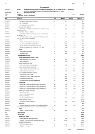 S10 Página 17
Presupuesto
“INTERVENCION EN RECONSTRUCCION MEDIANTE INVERSIONES - IRI - EN LA IE N° 2209 DEL C.P. HUANCHACO,
DISTRITO DE HUANCHACO, PROVINCIA DE TRUJILLO, REGION LA LIBERTAD. C.L. 737566”
0701061
Presupuesto
PRESUPUESTO DE OBRA
001
Subpresupuesto
PRONIED 30/09/2021
Costo al
Cliente
Lugar LA LIBERTAD - TRUJILLO - HUANCHACO
Precio S/. Parcial S/.
Item Descripción Und. Metrado
29.17
3.57
SOLAQUEADO CON BROCHA EN TECHO (SC-2) m2
07.01.02.03.02 8.17
PISOS Y PAVIMENTOS
07.01.02.04 468.64
468.64
14.12
PISO DE CEMENTO PULIDO BRUÑADO m2
07.01.02.04.01 33.19
ZOCALOS Y CONTRAZOCALOS
07.01.02.05 193.88
193.88
12.50
CONTRAZÓCALO DE CEMENTO PULIDO, COLOR GRIS OSCURO, EMBUTIDO
EN MURO h=0.20 m (Z-6).
ml
07.01.02.05.01 15.51
CARPINTERIA METALICA Y HERRERIA
07.01.02.06 3,726.72
1,785.74
2.00
PUERTA DE 2 HOJAS METALICA PINTADO 1.40X2.10M, INCLUYE ACCES. E
INSTALACION (P-14)
Und
07.01.02.06.01 892.87
1,940.98
1.00
PORTON DE INGRESO PRINCIPAL DE 2 HOJAS DE FIERRO GALVANIZADO
5.00x2.18 m. INCLUYE ACCES. E INSTALACION
Und
07.01.02.06.02 1,940.98
PINTURA
07.01.02.07 1,886.84
31.25
2.52
PINTURA LATEX EN VIGAS Y CIELORRASO (SC-1) m2
07.01.02.07.01 12.40
1,533.30
134.50
SELLADO DE ELEMENTOS SOLAQUEADOS (SC-3) m2
07.01.02.07.02 11.40
114.08
9.20
PINTURA LATEX EN MUROS (SA-1) Y COLUMNAS (SC-1) m2
07.01.02.07.03 12.40
208.21
15.48
PINTURA OLEO MATE EN MUROS (SA-2, SA-3, SA-4, SA-5, SA-6) m2
07.01.02.07.04 13.45
VARIOS
07.01.02.08 171.44
116.34
15.43
JUNTAS EN PISOS INTERIORES m
07.01.02.08.01 7.54
55.10
5.00
JUNTAS VERTICALES m
07.01.02.08.02 11.02
INSTALACIONES ELECTRICAS
07.01.03 6,604.00
SALIDAS PARA ALUMBRADO EN TECHO Y PARED
07.01.03.01 147.76
108.94
2.00
SALIDA PARA CENTRO DE LUZ ADOSADO pto
07.01.03.01.01 54.47
38.82
1.00
SALIDA PARA BRAQUETE pto
07.01.03.01.02 38.82
SALIDAS PARA INTERRUPTORES
07.01.03.02 118.80
118.80
3.00
SALIDA PARA INTERRUPTOR UNIPOLAR SIMPLE pto
07.01.03.02.01 39.60
SALIDAS DE COMUNICACION Y ESPECIALES
07.01.03.03 366.08
98.53
1.00
SALIDA PARA PULSADOR DE CAMPANA DE CLASE pto
07.01.03.03.01 98.53
267.55
1.00
SALIDA PARA CAMPANILLA DE CLASE pto
07.01.03.03.02 267.55
CANALIZACIONES, CONDUCTOS O TUBERIAS
07.01.03.04 602.07
105.46
12.60
TUBERIA PVC-P ELECTRICO 20MM m
07.01.03.04.01 8.37
164.80
16.00
TUBERIA PVC-P ELECTRICO 25MM C/ALAMBRE GUIA m
07.01.03.04.02 10.30
99.53
6.78
TUBERIA PVC -P ELECTRICO 35mm m
07.01.03.04.03 14.68
232.28
9.50
TUBERIA PVC -P ELECTRICO 50mm C/ALAMBRE GUIA m
07.01.03.04.04 24.45
CAJAS DE PASE
07.01.03.05 95.73
16.18
1.00
CAJA DE PASE DE FIERRO GALVANIZADO PESADO 100x100x50 mm Und
07.01.03.05.01 16.18
33.56
1.00
CAJA DE PASE DE FIERRO GALVANIZADO PESADO 250x250x100 mm Und
07.01.03.05.02 33.56
45.99
1.00
CAJA DE PASE DE FIERRO GALVANIZADO PESADO 300x300x100 mm Und
07.01.03.05.03 45.99
CONDUCTORES Y CABLES DE ENERGIA
07.01.03.06 740.66
108.86
37.80
CABLE LSOH-90 2.5mm2 m
07.01.03.06.01 2.88
631.80
15.00
CABLE DE COBRE DESNUDO 50MM2 m
07.01.03.06.02 42.12
TABLEROS ELECTRICOS
07.01.03.07 1,077.24
1,077.24
1.00
TABLERO DE DISTRIBUCION TD-G Und
07.01.03.07.01 1,077.24
SISTEMA DE PUESTA A TIERRA
07.01.03.08 3,134.92
3,134.92
2.00
POZO PUESTA A TIERRA P- 1 (R<5 Ohm) Und
07.01.03.08.01 1,567.46
ARTEFACTOS
07.01.03.09 280.48
280.48
2.00
ARTEFACTO PARA ADOSAR ANTIVANDALICO, DIFUSOR TRANSPARENTE
CON 2 LAMPARAS AHORRADORAS DE 2x18W. SIMILAR AL RSP-2x18W (L-04)
Und
07.01.03.09.01 140.24
VARIOS
07.01.03.10 40.26
40.26
6.00
PRUEBAS AL SISTEMA ELECTRICO pto
07.01.03.10.01 6.71
MODULO PATIO G
07.02 45,112.96
ESTRUCTURAS
07.02.01 32,994.21
MOVIMIENTO DE TIERRAS
07.02.01.01 4,143.65
2,149.57
51.66
EXCAVACION MANUAL PARA CIMENTACIONES m3
07.02.01.01.01 41.61
1,994.08
344.40
NIVELACION Y COMPACTACION DE FONDOS DE CIMENTACION m2
07.02.01.01.02 5.79
OBRAS DE CONCRETO SIMPLE
07.02.01.02 28,850.56
8,137.48
137.76
ENCOFRADO EN SOBRECIMIENTO m2
07.02.01.02.01 59.07
20,713.08
51.66
CONCRETO f'c = 175 kg/cm2 m3
07.02.01.02.02 400.95
20/05/2022 08:19:58
Fecha :
 