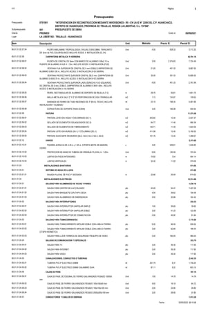 S10 Página 3
Presupuesto
“INTERVENCION EN RECONSTRUCCION MEDIANTE INVERSIONES - IRI - EN LA IE N° 2209 DEL C.P. HUANCHACO,
DISTRITO DE HUANCHACO, PROVINCIA DE TRUJILLO, REGION LA LIBERTAD. C.L. 737566”
0701061
Presupuesto
PRESUPUESTO DE OBRA
001
Subpresupuesto
PRONIED 30/09/2021
Costo al
Cliente
Lugar LA LIBERTAD - TRUJILLO - HUANCHACO
Precio S/. Parcial S/.
Item Descripción Und. Metrado
3,713.32
4.00
PUERTA MELAMINE TROPICALIZADA 2 HOJAS 2.00X0.388M, TAPACANTO
DE 3mm de PVC COLOR BLANCO INCLUYE ACCES. E INSTALACION (CL-04)
Und
06.01.01.02.07.04 928.33
CARPINTERIA METALICA Y HERRERIA
06.01.01.02.08 40,701.16
7,724.49
3.00
PUERTA DE CRISTAL DE 8mm CON MARCO DE ALUMINIO 0.90x2.10 m,
PUENTE DE ALUMINIO A EJE A 1.10m. INCLUYE ACCES. E INSTALACION (P-02)
Und
06.01.01.02.08.01 2,574.83
9,687.93
21.00
VENTANA FIJA SUPERIOR DE CRISTAL DE 6 mm DOBLE CARPINTERIA DE
ALUMINIO 0.90X1.00 m., INCLUYE ACCES. E INSTALACION (V-03 SIERRA)
Und
06.01.01.02.08.02 461.33
13,696.55
35.00
VENTANA PROYECTANTE SUPERIOR CRISTAL DE 6 mm. CARPINTERIA DE
ALUMINIO 0.45X0.70 m., INCLUYE ACCES. E INSTALACION (V-07) SIERRA
Und
06.01.01.02.08.03 391.33
2,767.98
6.00
VENTANA PROYECTANTE SUPERIOR LADO DERECHO FIJO IZQUIERDO,
DE CRISTAL DE 6 mm. DOBLE, CARPINTERIA DE ALUMINIO 0.90X1.00m., INCLUYE
ACCES. E INSTALACION (V-10) SIERRA
Und
06.01.01.02.08.04 461.33
1,601.75
28.70
PERFIL RECTANGULAR DE ALUMINIO DE SOPORTE DE REJILLA (T-2) m
06.01.01.02.08.05 55.81
139.63
1.12
MALLA METALICA GALV 2" X 2" EN PERFORACION DE VIGA TRIANGULAR m2
06.01.01.02.08.06 124.67
4,581.89
23.10
BARANDA DE FIERRO DE TUBO REDONDO DE 3" EN EL TECHO, INCLUYE
INSTALACION Y ACABADO
ml
06.01.01.02.08.07 198.35
500.94
3.00
ESTRUCTURA DE SOPORTE PARA ECRAN Und
06.01.01.02.08.08 166.98
PINTURA
06.01.01.02.09 11,575.06
2,527.37
203.82
PINTURA LATEX EN VIGAS Y CIELORRASO (SC-1) m2
06.01.01.02.09.01 12.40
966.38
84.77
SELLADO DE ELEMENTOS SOLAQUEADOS (SC-3) m2
06.01.01.02.09.02 11.40
1,604.09
140.71
SELLADO DE ELEMENTOS DE FIBROCEMENTO m2
06.01.01.02.09.03 11.40
5,108.55
411.98
PINTURA LATEX EN MUROS (SA-1) Y COLUMNAS (SC-1) m2
06.01.01.02.09.04 12.40
1,368.67
101.76
PINTURA OLEO MATE EN MUROS (SA-2, SA-3, SA-4, SA-5, SA-6) m2
06.01.01.02.09.05 13.45
VARIOS
06.01.01.02.10 3,315.60
1,648.83
3.00
PIZARRA ACRILICA DE 4.20 m x 1.20 m. C/PORTA MOTA DE MADERA
CEDRO
u
06.01.01.02.10.01 549.61
723.54
6.00
PROTECCION DE BASE DE TUBERIA DE DRENAJE PLUVIAL h= 1.20m. Und
06.01.01.02.10.02 120.59
564.14
74.82
JUNTAS EN PISOS INTERIORES m
06.01.01.02.10.03 7.54
379.09
34.40
JUNTAS VERTICALES m
06.01.01.02.10.04 11.02
INSTALACIONES SANITARIAS
06.01.01.03 674.65
SISTEMA DE AGUA DE LLUVIA
06.01.01.03.01 674.65
674.65
22.80
BAJADA PLUVIAL DE PVC 4" ADOSADA m
06.01.01.03.01.01 29.59
INSTALACIONES ELECTRICAS
06.01.01.04 12,514.86
SALIDAS PARA ALUMBRADO EN TECHO Y PARED
06.01.01.04.01 1,630.16
1,307.28
24.00
SALIDA PARA CENTRO DE LUZ COLGADO pto
06.01.01.04.01.01 54.47
158.48
4.00
SALIDA PARA BRAQUETE CON TAPA CIEGA pto
06.01.01.04.01.02 39.62
164.40
5.00
SALIDA PARA ALUMBRADO DE EMERGENCIA pto
06.01.01.04.01.03 32.88
SALIDAS PARA INTERRUPTORES
06.01.01.04.02 255.43
39.60
1.00
SALIDA PARA INTERRUPTOR UNIPOLAR SIMPLE pto
06.01.01.04.02.01 39.60
123.99
3.00
SALIDA PARA INTERRUPTOR UNIPOLAR DOBLE pto
06.01.01.04.02.02 41.33
91.84
2.00
SALIDA PARA INTERRUPTOR DE CONMUTACION pto
06.01.01.04.02.03 45.92
SALIDAS PARA TOMACORRIENTES
06.01.01.04.03 1,176.90
508.50
9.00
SALIDA PARA TOMACORRIENTE BIPOLAR DOBLE CON LINEA A TIERRA pto
06.01.01.04.03.01 56.50
188.40
3.00
SALIDA PARA TOMACORRIENTE BIPOLAR DOBLE CON LINEA A TIERRA
C/TAPA HERMETICA
pto
06.01.01.04.03.02 62.80
480.00
3.00
SALIDA PARA LLAVE TERMICA DE SEGURIDAD P/EQUIPO DE VIDEO pto
06.01.01.04.03.03 160.00
SALIDAS DE COMUNICACION Y ESPECIALES
06.01.01.04.04 353.70
117.90
3.00
SALIDA PARA TV pto
06.01.01.04.04.01 39.30
117.90
3.00
SALIDA PARA INTERNET pto
06.01.01.04.04.02 39.30
117.90
3.00
SALIDA PARA VIDEO pto
06.01.01.04.04.03 39.30
CANALIZACIONES, CONDUCTOS O TUBERIAS
06.01.01.04.05 2,542.35
1,739.20
207.79
TUBERIA PVC-P ELECTRICO 20MM ml
06.01.01.04.05.01 8.37
803.15
87.11
TUBERIA PVC-P ELECTRICO 20MM C/ALAMBRE GUIA ml
06.01.01.04.05.02 9.22
CAJAS DE PASE
06.01.01.04.06 187.10
14.78
1.00
CAJA DE PASE OCTOGONAL DE FIERRO GALVANIZADO PESADO 100X55
mm
Und
06.01.01.04.06.01 14.78
64.72
4.00
CAJA DE PASE DE FIERRO GALVANIZADO PESADO 100x100x50 mm Und
06.01.01.04.06.02 16.18
49.80
2.00
CAJA DE PASE DE FIERRO GALVANIZADO PESADO 150x150x100 mm Und
06.01.01.04.06.03 24.90
57.80
2.00
CAJA DE PASE DE FIERRO GALVANIZADO PESADO 2000x200x100 mm Und
06.01.01.04.06.04 28.90
CONDUCTORES Y CABLES DE ENERGIA
06.01.01.04.07 1,912.28
20/05/2022 08:19:58
Fecha :
 