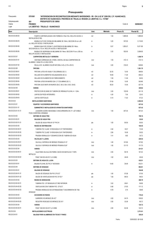 S10 Página 9
Presupuesto
“INTERVENCION EN RECONSTRUCCION MEDIANTE INVERSIONES - IRI - EN LA IE N° 2209 DEL C.P. HUANCHACO,
DISTRITO DE HUANCHACO, PROVINCIA DE TRUJILLO, REGION LA LIBERTAD. C.L. 737566”
0701061
Presupuesto
PRESUPUESTO DE OBRA
001
Subpresupuesto
PRONIED 30/09/2021
Costo al
Cliente
Lugar LA LIBERTAD - TRUJILLO - HUANCHACO
Precio S/. Parcial S/.
Item Descripción Und. Metrado
1,089.46
1.00
PUERTA CONTRAPLACADA CON FORMICA 0.75x2.10m, INCLUYE ACCES. E
INSTALACION (P-06)
m2
06.02.02.02.06.02 1,089.46
3,110.50
3.20
MUEBLE ALTO DE COCINA DE MELAMINE DE 18mm, SECCION 35 cm x 60
cm, INCLUYE ACCES. E INSTALACION
m
06.02.02.02.06.03 972.03
9,371.89
8.57
MUEBLE BAJO DE COCINA Y LAVATORIOS DE MELAMINE DE 18mm,
SECCION 58 cm x 70 cm, INCLUYE ACCES. E INSTALACION
m
06.02.02.02.06.04 1,093.57
2,099.09
2.25
MUEBLE DE DESPENSA DE MELAMINE DE 18mm, SECCION 75 cm x 200 cm,
INCLUYE ACCES. E INSTALACION
m
06.02.02.02.06.05 932.93
CARPINTERIA METALICA Y HERRERIA
06.02.02.02.07 1,058.79
410.13
1.00
VENTANA CORREDIZA DE 3 PAÑO, CRISTAL DE 6mm CARPINTERIA DE
ALUMINIO 1.225x0.70 m (V-09) COSTA
Und
06.02.02.02.07.01 410.13
648.66
3.00
REJILLA DE ALUMINIO COLOR NATURAL 0.45 x 0.70 m (R-01) Und
06.02.02.02.07.02 216.22
PINTURA
06.02.02.02.08 1,561.70
399.90
32.25
PINTURA LATEX EN VIGAS Y CIELORRASO (SC-1) m2
06.02.02.02.08.01 12.40
206.23
18.09
SELLADO DE ELEMENTOS SOLAQUEADOS (SC-3) m2
06.02.02.02.08.02 11.40
84.93
7.45
SELLADO DE ELEMENTOS DE FIBROCEMENTO m2
06.02.02.02.08.03 11.40
342.86
27.65
PINTURA LATEX EN MUROS (SA-1) Y COLUMNAS (SC-1) m2
06.02.02.02.08.04 12.40
527.78
39.24
PINTURA OLEO MATE EN MUROS (SA-2, SA-3, SA-4, SA-5, SA-6) m2
06.02.02.02.08.05 13.45
VARIOS
06.02.02.02.09 340.82
241.18
2.00
PROTECCION DE BASE DE TUBERIA DE DRENAJE PLUVIAL h= 1.20m. Und
06.02.02.02.09.01 120.59
32.42
4.30
JUNTAS EN PISOS INTERIORES m
06.02.02.02.09.02 7.54
67.22
6.10
JUNTAS VERTICALES m
06.02.02.02.09.03 11.02
INSTALACIONES SANITARIAS
06.02.02.03 2,582.40
EQUIPOS Y ACCESORIOS SANITARIOS
06.02.02.03.01 637.42
SUMINISTRO E INSTALACION DE APARATOS SANITARIOS
06.02.02.03.01.01 637.42
637.42
1.00
LAVADERO ACERO INOXIDABLE C/ESCURRIDERA DE 21" x 54" DOBLE
POZA C/GRIFERIA CROMADA
Und
06.02.02.03.01.01.01 637.42
SISTEMA DE AGUA FRIA
06.02.02.03.02 708.16
SALIDAS DE AGUA FRIA
06.02.02.03.02.01 83.05
83.05
1.00
SALIDA DE AGUA FRIA Ø=1/2" PVC-R pto
06.02.02.03.02.01.01 83.05
REDES DE DISTRIBUCION
06.02.02.03.02.02 164.55
73.28
4.56
TUBERÍA PVC CLASE 10 ROSCADA Ø 1/2" P/INTERIORES m
06.02.02.03.02.02.01 16.07
55.55
2.85
TUBERÍA PVC CLASE 10 ROSCADA Ø 3/4" P/INTERIORES m
06.02.02.03.02.02.02 19.49
35.72
7.41
PRUEBA HIDRAULICA Y DESINFECCION DE TUBERIA DE AGUA m
06.02.02.03.02.02.03 4.82
VALVULAS Y LLAVES
06.02.02.03.02.03 229.55
107.85
1.00
VALVULA ESFERICA DE BRONCE PESADA Ø 1/2" Und
06.02.02.03.02.03.01 107.85
121.70
1.00
VALVULA ESFERICA DE BRONCE PESADA Ø 3/4" Und
06.02.02.03.02.03.02 121.70
VARIOS
06.02.02.03.02.04 231.01
181.52
2.00
CAJA PARA VALVULA EN PARED, NICHO DE MAYOLICA Y TAPA
METALICA
Und
06.02.02.03.02.04.01 90.76
49.49
1.00
PASE TUB.SCH-40 Ø 2" (L=0.30M) Und
06.02.02.03.02.04.02 49.49
SISTEMA DE AGUA DE LLUVIA
06.02.02.03.03 432.01
432.01
14.60
BAJADA PLUVIAL DE PVC 4" ADOSADA m
06.02.02.03.03.01 29.59
SISTEMA DE DESAGUE
06.02.02.03.04 804.81
SALIDAS DE DESAGUE
06.02.02.03.04.01 194.08
97.56
1.00
SALIDA DE DESAGUE EN PVC CP Ø 2" pto
06.02.02.03.04.01.01 97.56
96.52
1.00
SALIDA DE VENTILACION EN PVC CP Ø 2" pto
06.02.02.03.04.01.02 96.52
REDES DE DERIVACION
06.02.02.03.04.02 309.79
95.99
3.22
TUBERIA PVC -CP DESAGUE Ø 2" RED INTERIOR m
06.02.02.03.04.02.01 29.81
177.12
6.56
VENTILACION CON TUBERIA PVC -CP Ø 2" m
06.02.02.03.04.02.02 27.00
36.68
9.78
PRUEBA HIDRAULICA DE ESTANQUEIDAD Y ESCORRENTIA DE TUB.
DESAGUE
m
06.02.02.03.04.02.03 3.75
ACCESORIO DE REDES
06.02.02.03.04.03 176.22
109.50
2.00
SUMIDERO DE BRONCE DE Ø 2" Und
06.02.02.03.04.03.01 54.75
66.72
2.00
REGISTRO ROSCADO DE BRONCE DE Ø 3" Und
06.02.02.03.04.03.02 33.36
VARIOS
06.02.02.03.04.04 124.72
124.72
2.00
PASE TUB.SCH-40 Ø 4" (L=0.30M) Und
06.02.02.03.04.04.01 62.36
INSTALACIONES ELECTRICAS
06.02.02.04 3,751.61
SALIDAS PARA ALUMBRADO EN TECHO Y PARED
06.02.02.04.01 329.20
20/05/2022 08:19:58
Fecha :
 