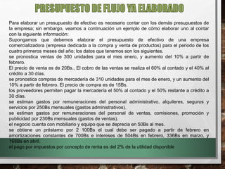 Para elaborar un presupuesto de efectivo es necesario contar con los demás presupuestos de
la empresa; sin embargo, veamos a continuación un ejemplo de cómo elaborar uno al contar
con la siguiente información:
Supongamos que debemos elaborar el presupuesto de efectivo de una empresa
comercializadora (empresa dedicada a la compra y venta de productos) para el periodo de los
cuatro primeros meses del año; los datos que tenemos son los siguientes.
se pronostica ventas de 300 unidades para el mes enero, y aumento del 10% a partir de
febrero.
El precio de venta es de 20Bs., El cobro de las ventas se realiza el 60% al contado y el 40% al
crédito a 30 días.
se pronostica compras de mercadería de 310 unidades para el mes de enero, y un aumento del
10% a partir de febrero. El precio de compra es de 15Bs.
los proveedores permiten pagar la mercadería el 50% al contado y el 50% restante a crédito a
30 días.
se estiman gastos por remuneraciones del personal administrativo, alquileres, seguros y
servicios por 250Bs mensuales (gastos administrativos).
se estiman gastos por remuneraciones del personal de ventas, comisiones, promoción y
publicidad por 230Bs mensuales (gastos de ventas).
el negocio cuenta con mobiliario y equipo que se deprecia en 50Bs al mes.
se obtiene un préstamo por 2 100Bs el cual debe ser pagado a partir de febrero en
amortizaciones constantes de 700Bs e intereses de 504Bs en febrero, 336Bs en marzo, y
168Bs en abril.
el pago por impuestos por concepto de renta es del 2% de la utilidad disponible
 