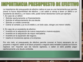La importancia del presupuesto de efectivo radica en que es una herramienta que permite
prever la futura disponibilidad del efectivo y así saber si vamos a tener un déficit o un
excedente de efectivo y, en base a ello, poder tomar decisiones Como por ejemplo:
1. En caso de un déficit:
 Solicitar oportunamente un financiamiento.
 Solicitar el refinanciamiento de una deuda.
 Solicitar un crédito comercial.
 Cobrar al contado y ya no al crédito o, en todo caso, otorgar uno menor crédito.
2. En caso de un excedente de efectivo:
 Invertirlo en la adquisición de nueva maquinaria o nuevos equipos.
 Invertirlo en la adquisición de mayor mercadería.
 Invertirlo en la expansión del negocio.
 Usarlo en inversiones ajenas a la empresa.
Por otro lado, el presupuesto de efectivo permite conocer el futuro escenario de un
proyecto o negocio: saber si el futuro proyecto o negocio será rentable (cuando los futuros
ingresos son mayores que los futuros egresos), o saber si será posible pagar
oportunamente una deuda contraída.
 