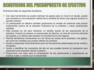 Podríamos listar los siguientes beneficios:
 Con esta herramienta se puede restringir los gastos para no incurrir en deuda, puesto
que consiste en una evaluación realista de la cantidad de dinero que ingresa durante un
período próximo.
 Un presupuesto en efectivo también proporciona la ventaja de presionar para pensar
críticamente acerca de la situación financiera de la empresa y hacer predicciones
realistas.
 Este proceso es útil para mantener un sentido exacto de las operaciones de la
empresa. Cuando se prepara un presupuesto de efectivo, se mira de cerca los patrones
del pasado y se utilizan para predecir la actividad futura del negocio.
 Permite familiarices íntimamente con los ritmos de ventas de la empresa y los gastos,
así como las variables que pueden afectar los cambios.
 Ayuda a prepararse financieramente para las fluctuaciones estacionales de las ventas y
los gastos.
 Ayuda a identificar los momentos del año en que puedes ahorrar un excedente para
prepararte para períodos menos lucrativos.
 Proporciona una base para la comparación de las predicciones y suposiciones de
eventos reales a medida que se desarrollan.
 