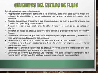 Entre los objetivos principales tenemos:
 Proporcionar información apropiada a la gerencia, para que ésta pueda medir sus
políticas de contabilidad y tomar decisiones que ayuden al desenvolvimiento de la
empresa.
 Facilitar información financiera a los administradores, lo cual le permite mejorar sus
políticas de operación y financiamiento.
 Mostrar la relación que existe entre la utilidad neta y los cambios en los saldos de
efectivo.
 Reportar los flujos de efectivo pasados para facilitar la predicción de flujos de efectivo
futuros.
 Determinar la capacidad que tiene una compañía para pagar intereses y dividendos y
para pagar sus deudas cuando éstas vencen.
 Determinar la posición de la caja de una empresa al final de cada periodo
 Identificar si va a haber excedentes o déficits de efectivo en algún momento y tomar
medidas correctoras.
 Establecer si existen necesidades de efectivo, y por lo tanto de financiación en algún
momento del periodo que abarque el presupuesto.
 Coordinar el efectivo que maneja una empresa con otros aspectos financieros de la
misma, como por ejemplo, los gastos o las inversiones que se quieran realizar.
 