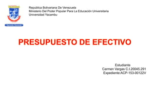 Republica Bolivariana De Venezuela
Ministerio Del Poder Popular Para La Educación Universitaria
Universidad Yacambu
Estudiante
Carmen Vargas C.I.20045.291
Expediente:ACP-153-00122V
 