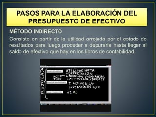 PASOS PARA LA ELABORACIÓN DEL
PRESUPUESTO DE EFECTIVO
MÉTODO INDIRECTO
Consiste en partir de la utilidad arrojada por el estado de
resultados para luego proceder a depurarla hasta llegar al
saldo de efectivo que hay en los libros de contabilidad.
 
