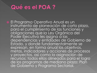 Qué es el POA ? El Programa Operativo Anual es un instrumento de planeación de corto plazo, para el cumplimiento de las funciones y obligaciones que la Ley Orgánica del Poder Ejecutivo les asigna a las dependencias y entidades de Gobierno de Estado, y donde fundamentalmente se expresan, en forma anual los objetivos, metas, indicadores y acciones de procesos y proyectos, así como la asignación de recursos; todos ellos alineados para el logro de los programas de mediano plazo: Plan de Gobierno y Programa Sectorial. 