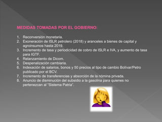 MEDIDAS TOMADAS POR EL GOBIERNO:
1. Reconversión monetaria.
2. Exoneración de ISLR petrolero (2018) y aranceles a bienes de capital y
agroinsumos hasta 2019.
3. Incremento de tasa y periodicidad de cobro de ISLR e IVA, y aumento de tasa
para IGTF.
4. Relanzamiento de Dicom.
5. Despenalización cambiaria.
6. Indexación de salarios, bonos y 50 precios al tipo de cambio Bolívar/Petro
publicado por el BCV.
7. Incremento de transferencias y absorción de la nómina privada.
8. Anuncio de disminución del subsidio a la gasolina para quienes no
pertenezcan al “Sistema Patria”.
 