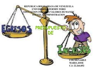 REPUBLICA BOLIVARIANA DE VENEZUELA
UNIVERSIDAD FERMIN TORO
EDUCACION PARA LOS VALORES HUMANOS
ESCUELAADMINISTRACION
INTEGRANTES:
COLMENAREZ
MARIA JOSE
C.I: 22.264.052
 