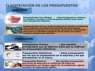 CLASIFICACIÓN DE LOS PRESUPUESTOS
Presupuesto Base Cero Absoluto : Estos presupuestos se elaboran
sin considerar conceptos y cifras del pasado, también se les conoce
como presupuestos integrales.
Presupuesto Base Cero por medio de paquetes de decisión: Al elaborarse
este presupuesto se revalúan cada año todos los costos, gastos,
inversiones y programas de una empresa, describiendo e identificando
para el futuro, actividades específicas, de tal manera que puedan
evaluarse, jerarquizarse y decidirse.
BASE CERO
Presupuestos Previos : Son aquellos
presupuestos que se elaboran antes que se elaboren
los presupuestos definitivos.
Presupuestos Definitivos : Estos presupuestos
son los que se implementan en la empresa y las que
prevalecerán en el futuro.
Presupuestos Maestros : Son aquellos presupuestos
que sirven de base para la confección de todos los
presupuestos, que tengan, según las circunstancias, alguna
variación de importancia relativa.
FORMULACIÓN:
 