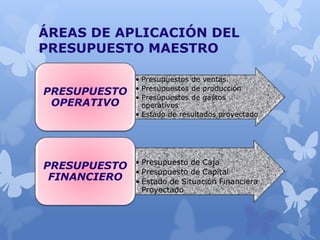 ÁREAS DE APLICACIÓN DEL
PRESUPUESTO MAESTRO
• Presupuestos de ventas.
• Presupuestos de producción
• Presupuestos de gastos
operativos
• Estado de resultados proyectado
PRESUPUESTO
OPERATIVO
• Presupuesto de Caja
• Presupuesto de Capital
• Estado de Situación Financiera
Proyectado
PRESUPUESTO
FINANCIERO
 