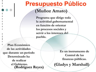 Presupuesto Público Lic. Rosanna Silva Programa que dirige toda  la actividad gubernamental  en función de orientar  los procesos sociales y  servir a los intereses del  pueblo. Es un instrumento de Control de las  finanzas públicas. Plan Económico  de las actividades  que durante un período  Determinado ha  de realizar el Gobierno. (Gladys y Marshall) (Rodríguez Reyes) (Muñoz Amato) 