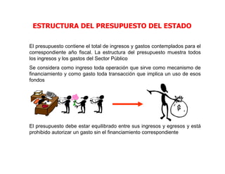 ESTRUCTURA DEL PRESUPUESTO DEL ESTADO
El presupuesto contiene el total de ingresos y gastos contemplados para el
correspondiente año fiscal. La estructura del presupuesto muestra todos
los ingresos y los gastos del Sector Público
Se considera como ingreso toda operación que sirve como mecanismo de
financiamiento y como gasto toda transacción que implica un uso de esos
fondos
El presupuesto debe estar equilibrado entre sus ingresos y egresos y está
prohibido autorizar un gasto sin el financiamiento correspondiente
 