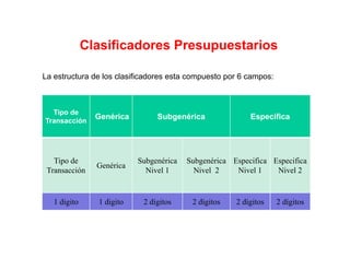 La estructura de los clasificadores esta compuesto por 6 campos:
Tipo de
Transacción
Genérica Subgenérica Especifica
Tipo de
Transacción
Genérica
Subgenérica
Nivel 1
Subgenérica
Nivel 2
Especifica
Nivel 1
Especifica
Nivel 2
1 digito 1 digito 2 dígitos 2 dígitos 2 dígitos 2 dígitos
Clasificadores Presupuestarios
 