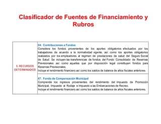 04. Contribuciones a Fondos
Considera los fondos provenientes de los aportes obligatorios efectuados por los
trabajadores de acuerdo a la normatividad vigente, así como los aportes obligatorios
realizados por los empleadores al régimen de prestaciones de salud del Seguro Social
de Salud. Se incluyen las transferencias de fondos del Fondo Consolidado de Reservas
Previsionales así como aquellas que por disposición legal constituyen fondos para
Reservas Previsionales.
Incluye el rendimiento financiero así como los saldos de balance de años fiscales anteriores.
07. Fondo de Compensación Municipal
Comprende los ingresos provenientes del rendimiento del Impuesto de Promoción
Municipal, Impuesto al Rodaje e Impuesto a las Embarcaciones de Recreo.
Incluye el rendimiento financiero así como los saldos de balance de años fiscales anteriores.
5. RECURSOS
DETERMINADOS
Clasificador de Fuentes de Financiamiento y
Rubros
 