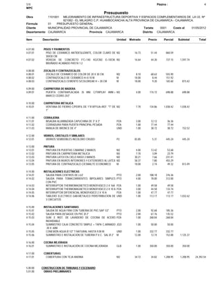 Página :S10 4
MPC
Presupuesto
1101001Obra MEJORAMIENTO DE INFRAESTRUCTURA DEPORTIVA Y ESPACIOS COMPLEMENTARIOS DE LA I.E. Nº
821062 - EL MILAGRO C.P. HUAMBOCANCHA ALTA PROVINCIA DE CAJAMARCA - CAJAMARCA.
01Fórmula PRESUPUESTO GENERAL
Costo al0001Tarjeta 01/05/2012MUNICIPALIDAD PROVINCIAL DE CAJAMARCACliente
Provincia DistritoCAJAMARCADepartamento CAJAMARCA CAJAMARCA
TotalSubtotalParcialPrecioMetradoUnidadItem Descripción
4.07.00 PISOS Y PAVIMENTOS
4.07.01 51.44 860.59M2 16.73PISO DE CERAMICO ANTIDESLIZANTE, COLOR CLARO DE
30X30 CM.
4.07.02 44.30 737.15 1,597.74M2 16.64VEREDA DE CONCRETO F'C=140 KG/CM2 E=10CM,
BRUÑADO ACABADO PASTA 1:2
4.08.00 ZOCALOS Y CONTRAZOCALOS
4.08.01 68.63 555.90M2 8.10ZOCALO DE CERAMICO DE COLOR DE 20 X 30 CM.
4.08.02 8.44 151.92M 18.00CONTRAZOCALO DE CERAMICO H=0.10 M.
4.08.03 9.20 165.60 873.42M 18.00CONTRAZOCALO CEMENTO S/COLOREAR H = 30 CM
4.09.00 CARPINTERIA DE MADERA
4.09.01 174.72 698.88 698.88M2 4.00PUERTA CONTRAPLACADA 35 MM. C/TRIPLAY 4MM.+
MARCO CEDRO 2X3"
4.10.00 CARPINTERIA METALICA
4.10.01 134.86 1,038.42 1,038.42M2 7.70VENTANA DE FIERRO C/PERFIL DE 1"X1/8"FIJA+REF. "T" DE
1"
4.11.00 CERRAJERIA
4.11.01 12.12 36.36PZA 3.00BISAGRA ALUMINIZADA CAPUCHINA DE 3" X 3"
4.11.02 77.44 77.44PZA 1.00CERRADURA PARA PUERTA PRINCIPAL PESADA
4.11.03 38.72 38.72 152.52UND 1.00MANIJA DE BRONCE DE 4"
4.12.00 VIDRIOS, CRISTALES Y SIMILARES
4.12.01 5.31 445.24 445.24P2 83.85VIDRIOS SEMIDOBLES INCOLORO CRUDO
4.13.00 PINTURA
4.13.01 13.42 53.68M2 4.00PINTURA EN PUERTAS C/BARNIZ 2 MANOS
4.13.02 3.09 23.79M2 7.70PINTURA EN CARPINTERIA METALICA
4.13.03 7.66 231.41M2 30.21PINTURA LATEX EN CIELO RASO 2 MANOS
4.13.04 7.80 455.29M2 58.37PINTURA EN MUROS INTERIORES Y EXTERIORES AL LATEX
4.13.05 2.74 49.32 813.49M 18.00PINTURA DE CONTRAZOCALO C/ESMALTE ECONOMICO
4.14.00 INSTALACIONES ELECTRICAS
4.14.01 188.18 376.36PTO 2.00SALIDA PARA CENTROS DE LUZ
4.14.02 78.00 312.00PTO 4.00SALIDA PARA TOMACORRIENTES BIPOLARES SIMPLES
CON PVC
4.14.03 49.58 49.58PZA 1.00INTERRUPTOR THERMOMAGNETICO MONOFASICO 2 X 16A
4.14.04 44.58 133.74PZA 3.00INTERRUPTOR THERMOMAGNETICO MONOFASICO 2 X 10 A
4.14.05 47.77 47.77PZA 1.00INTERRUPTOR DIFERENCIAL MONOFASICO 2 X 10 A
4.14.06 113.17 113.17 1,032.62UND 1.00TABLERO ELECTRICO GAB.METALICO P/DISTRIBUCION DE
3 CIRCUITOS
4.15.00 INSTALACIONES SANITARIAS
4.15.01 92.68 185.36PTO 2.00SALIDA DE AGUA FRIA CON TUBERIA DE PVC-SAP 1/2"
4.15.02 67.76 135.52PTO 2.00SALIDA PARA DESAGÜE EN PVC Ø 2"
4.15.03 268.84 268.84PZA 1.00SUM. E INST. DE LAVADERO DE COCINA DE ACERO
INOXIDABLE
4.15.04 50.00 50.00JGO 1.00SUMINISTRO CAJA CONCRETO SIMPLE + TAPA C.ARMADO
.30 X .60M.
4.15.05 332.77 332.77UND 1.00CONEXION AGUA Ø 1/2" T-NATURAL HASTA 9.00 M.
4.15.06 12.74 152.88 1,125.37M 12.00SUMINISTRO E INSTALACION DE TUBERIA P.V.C. SAL Ø 2"
4.16.00 COCINA MEJORADA
4.16.01 350.00 350.00 350.00GLB 1.00SUMINISTRO E INSTALACIÓN DE COCINA MEJORADA
4.17.00 COBERTURAS
4.17.01 34.82 1,208.95 1,208.95 24,392.54M2 34.72COBERTURA CON TEJA ANDINA
5.00.00 CONSTRUCCION DE TRIBUNAS Y ESCENARIO
5.01.00 OBRAS PRELIMINARES
 
