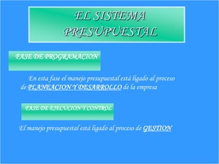 EL SISTEMA
PRESUPUESTAL
FASE DE PROGRAMACION
En esta fase el manejo presupuestal está ligado al proceso
de PLANEACION Y DESARROLLO de la empresa
FASE DE EJECUCION Y CONTROL
El manejo presupuestal está ligado al proceso de GESTION
 