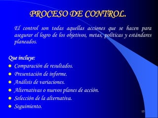 15
PROCESO DE CONTROL.
El control son todas aquellas acciones que se hacen para
asegurar el logro de los objetivos, metas, políticas y estándares
planeados.
Que incluye:
 Comparación de resultados.
 Presentación de informe.
 Análisis de variaciones.
 Alternativas o nuevos planes de acción.
 Selección de la alternativa.
 Seguimiento.
 