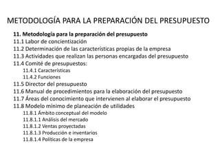 METODOLOGÍA PARA LA PREPARACIÓN DEL PRESUPUESTO
11. Metodología para la preparación del presupuesto
11.1 Labor de concientización
11.2 Determinación de las características propias de la empresa
11.3 Actividades que realizan las personas encargadas del presupuesto
11.4 Comité de presupuestos:
11.4.1 Características
11.4.2 Funciones
11.5 Director del presupuesto
11.6 Manual de procedimientos para la elaboración del presupuesto
11.7 Áreas del conocimiento que intervienen al elaborar el presupuesto
11.8 Modelo mínimo de planeación de utilidades
11.8.1 Ámbito conceptual del modelo
11.8.1.1 Análisis del mercado
11.8.1.2 Ventas proyectadas
11.8.1.3 Producción e inventarios
11.8.1.4 Políticas de la empresa
 