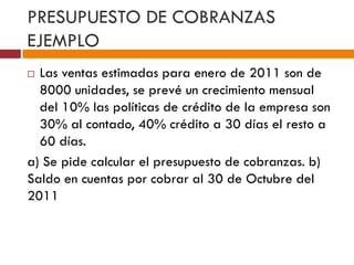 PRESUPUESTO DE COBRANZAS 
EJEMPLO 
 Las ventas estimadas para enero de 2011 son de 
8000 unidades, se prevé un crecimiento mensual 
del 10% las políticas de crédito de la empresa son 
30% al contado, 40% crédito a 30 días el resto a 
60 días. 
a) Se pide calcular el presupuesto de cobranzas. b) 
Saldo en cuentas por cobrar al 30 de Octubre del 
2011 
 