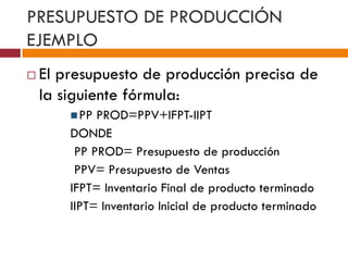 PRESUPUESTO DE PRODUCCIÓN 
EJEMPLO 
 El presupuesto de producción precisa de 
la siguiente fórmula: 
PP PROD=PPV+IFPT-IIPT 
DONDE 
PP PROD= Presupuesto de producción 
PPV= Presupuesto de Ventas 
IFPT= Inventario Final de producto terminado 
IIPT= Inventario Inicial de producto terminado 
 