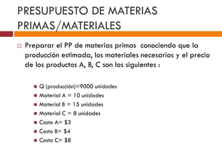 PRESUPUESTO DE MATERIAS 
PRIMAS/MATERIALES 
 Preparar el PP de materias primas conociendo que la 
producción estimada, los materiales necesarios y el precio 
de los productos A, B, C son los siguientes : 
 Q (producción)=9000 unidades 
 Material A = 10 unidades 
 Material B = 15 unidades 
 Material C = 8 unidades 
 Costo A= $3 
 Costo B= $4 
 Costo C= $8 
 