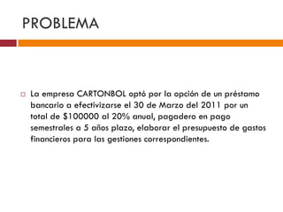 PROBLEMA 
 La empresa CARTONBOL optó por la opción de un préstamo 
bancario a efectivizarse el 30 de Marzo del 2011 por un 
total de $100000 al 20% anual, pagadero en pago 
semestrales a 5 años plazo, elaborar el presupuesto de gastos 
financieros para las gestiones correspondientes. 
 
