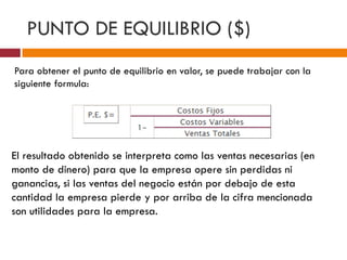 PUNTO DE EQUILIBRIO ($) 
Para obtener el punto de equilibrio en valor, se puede trabajar con la 
siguiente formula: 
El resultado obtenido se interpreta como las ventas necesarias (en 
monto de dinero) para que la empresa opere sin perdidas ni 
ganancias, si las ventas del negocio están por debajo de esta 
cantidad la empresa pierde y por arriba de la cifra mencionada 
son utilidades para la empresa. 
 