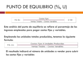 PUNTO DE EQUILIBRIO (%, U) 
Este análisis del punto de equilibrio se refiere al porcentaje de los 
ingresos empleados para pagar costos fijos y variables. 
Empleando las unidades totales producidas, tenemos la siguiente 
formula: 
El resultado indicará el número de unidades a vender para cubrir 
los costos fijos y variables 
 