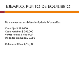 EJEMPLO, PUNTO DE EQUILIBRIO 
De una empresa se obtiene la siguiente información: 
Costo fijo: $ 295.000 
Costo variable: $ 395.000 
Ventas totales: $ 815.000 
Unidades producidas: 2.250 
Calcular el PE en $, % y U. 
 