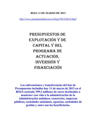 BOJA 11 DE MARZO DE 2013

    http://www.juntadeandalucia.es/eboja/2013/48/s3.html




            PresuPuestos de
            exPlotación y de
             caPital y del
              Programa de
               actuación,
               inversión y
              Financiación



     Las subvenciones y transferencias del lote de
 Presupuestos incluidos hoy 11 de marzo de 2013 en el
 BOJA asciende 399.2 millones de euros destinados a
     mantener con vida a la administración de la
   Administración andaluza, consorcios, empresas
públicas, sociedades anónimas, agencias, sociedades de
          gestión y entes son los beneficiarios.
 