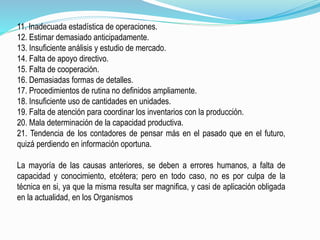 11. Inadecuada estadística de operaciones.
12. Estimar demasiado anticipadamente.
13. Insuficiente análisis y estudio de mercado.
14. Falta de apoyo directivo.
15. Falta de cooperación.
16. Demasiadas formas de detalles.
17. Procedimientos de rutina no definidos ampliamente.
18. Insuficiente uso de cantidades en unidades.
19. Falta de atención para coordinar los inventarios con la producción.
20. Mala determinación de la capacidad productiva.
21. Tendencia de los contadores de pensar más en el pasado que en el futuro,
quizá perdiendo en información oportuna.
La mayoría de las causas anteriores, se deben a errores humanos, a falta de
capacidad y conocimiento, etcétera; pero en todo caso, no es por culpa de la
técnica en si, ya que la misma resulta ser magnifica, y casi de aplicación obligada
en la actualidad, en los Organismos
 