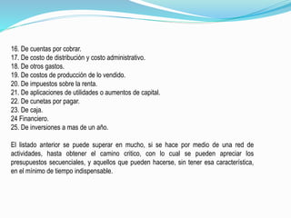 16. De cuentas por cobrar.
17. De costo de distribución y costo administrativo.
18. De otros gastos.
19. De costos de producción de lo vendido.
20. De impuestos sobre la renta.
21. De aplicaciones de utilidades o aumentos de capital.
22. De cunetas por pagar.
23. De caja.
24 Financiero.
25. De inversiones a mas de un año.
El listado anterior se puede superar en mucho, si se hace por medio de una red de
actividades, hasta obtener el camino critico, con lo cual se pueden apreciar los
presupuestos secuenciales, y aquellos que pueden hacerse, sin tener esa característica,
en el mínimo de tiempo indispensable.
 