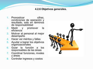 1. Pronosticar cifras,
condiciones de operación y
resultado, solo en términos
de responsabilidad
2. Medir y promover la
eficiencia
3. Motivar al personal al mejor
desempeño
4. Hacer ver méritos y fallas
5. Ayudar a lograr los objetivos
organizacionales
6. Guiar la función a los
responsables de las áreas
7. Coordinar funciones, niveles
y áreas
8. Controlar ingresos y costos
4.2.6 Objetivos generales.
 