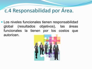 c.4 Responsabilidad por Área.
 Los niveles funcionales tienen responsabilidad
global (resultados objetivos), las áreas
funcionales la tienen por los costos que
autoricen.
 