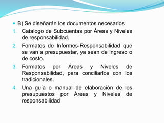  B) Se diseñarán los documentos necesarios
1. Catalogo de Subcuentas por Áreas y Niveles
de responsabilidad.
2. Formatos de Informes-Responsabilidad que
se van a presupuestar, ya sean de ingreso o
de costo.
3. Formatos por Áreas y Niveles de
Responsabilidad, para conciliarlos con los
tradicionales.
4. Una guía o manual de elaboración de los
presupuestos por Áreas y Niveles de
responsabilidad
 