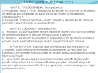 1.7 CLASIFICACION DE LOS PRESUPUESTOS
 