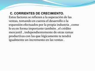 C. CORRIENTES DE CRECIMIENTO.
Estos factores se refieren a la superación de las
ventas, tomando en cuenta el desarrollo o la
expansión efectuados por la propia industria , como
lo es en forma importante también , el crédito
mercantil , independientemente de otras ramas
productivas con las que lógicamente te tendrá
igualmente un incremento en las ventas .
 