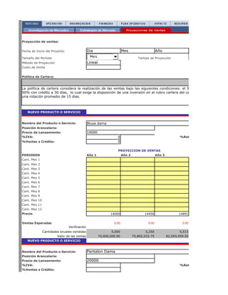 Proyección de ventas:


Fecha de Inicio del Proyecto                  Dia                      Mes                   Año
Tamaño del Período                             Mes                              Tiempo de Proyección               5
Método de Proyección                          Lineal
Costo de Venta


Política de Cartera:


La política de cartera considera la realización de las ventas bajo las siguientes condiciones: el 50% de contado, el
50% con crédito a 30 días, lo cual exige la disposición de una inversión en el rubro cartera del capital de trabajo con
una rotación promedio de 15 días.



   NUEVO PRODUCTO O SERVICIO


Nombre del Producto o Servicio:               Blusa dama
Posición Arancelaria:
Precio de Lanzamiento:                        14000
%IVA:                                                             0                                        %Retencion en la fuente:
%Ventas a Crédito:                                                0

                                                                  PROYECCION DE VENTAS
PERIODOS                                      Año 1                Año 2            Año 3
Cant. Mes 1
Cant. Mes 2
Cant. Mes 3
Cant. Mes 4
Cant. Mes 5
Cant. Mes 6
Cant. Mes 7
Cant. Mes 8
Cant. Mes 9
Cant. Mes 10
Cant. Mes 11
Cant. Mes 12
Precio                                                        14000                 14456                 14891


Ventas Esperadas                                                0.00                  0.00                  0.00
                               Verificación
               Cantidades anuales vendidas                     5,000                 5,250                 5,513
                        Valor de las ventas            70,000,000.00         75,892,033.75         82,093,959.50
   NUEVO PRODUCTO O SERVICIO


Nombre del Producto o Servicio:               Pantalon Dama
Posición Arancelaria:
Precio de Lanzamiento:                        20000
%IVA:                                                                                                      %Retencion en la fuente:
%Ventas a Crédito:
 