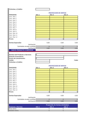 %Ventas a Crédito:


                                                         PROYECCION DE VENTAS
PERIODOS                                      Año 1       Año 2            Año 3
Cant. Mes 1
Cant. Mes 2
Cant. Mes 3
Cant. Mes 4
Cant. Mes 5
Cant. Mes 6
Cant. Mes 7
Cant. Mes 8
Cant. Mes 9
Cant. Mes 10
Cant. Mes 11
Cant. Mes 12
Precio                                                   0                  0               0


Ventas Esperadas                                      0.00                0.00           0.00
                               Verificación
               Cantidades anuales vendidas               0                   0              0
                               Verificación           0.00                0.00           0.00
   NUEVO PRODUCTO O SERVICIO


Nombre del Producto o Servicio:               0
Posición Arancelaria:
Precio de Lanzamiento:                        0
%IVA:                                                                                    %Retencion en la fuente:
%Ventas a Crédito:


                                                         PROYECCION DE VENTAS
PERIODOS                                      Año 1          Año 2               Año 3
Cant. Mes 1
Cant. Mes 2
Cant. Mes 3
Cant. Mes 4
Cant. Mes 5
Cant. Mes 6
Cant. Mes 7
Cant. Mes 8
Cant. Mes 9
Cant. Mes 10
Cant. Mes 11
Cant. Mes 12
Precio                                                   0                  0               0


Ventas Esperadas                                      0.00                0.00           0.00
                               Verificación
               Cantidades anuales vendidas               0                  0               0
                               Verificación           0.00                0.00           0.00


                                                      Proyección de Ventas (Unidades)
Producto o Servicio                           Año 1          Año 2               Año 3
Blusa dama                                               0                  0               0
Pantalon Dama                                            0                  0               0
 