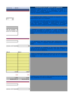Comentarios para la aplicación en plataforma
                                                             Herramienta creada con el fin de facilitar la alimentación de la
                                                             plataforma Fondo Emprender en lo relacionado al ingreso de la
                                                             información en la pestaña "Proyecciones de Ventas", para lo cual se
                                                             simula las ventanas correspondientes.



                                                              - En plataforma debe ampliarse el periodo de proyección a 5 años y
                                                             posteriormente hacer clic en actualizar
            s 5
              dd
                                                              - El tamaño del periodo debe guardar correspondencia con la obtención
                                                             de la producción, se recomienda de manera general programar las
                                                             ventas para periodos mensuales.        Unicamente en los proyectos
                                                             agropecuarios podría considerarse peridos trimestrales o semestrales.




ciones: el 50% de contado, el                                 - Teniendo en cuenta las condiciones de ventas establecidas para
 rtera del capital de trabajo con                            efectos de determinar la inversión en       cartera, se presenta una
                                                             propuesta de los terminos bajo los cuales debe redactarse la política de
                                                             cartera.




                                                              - En plantaforma, para cada producto debe especificarse la posición
                                                             arancelaria. Realice la busqueda utilizando preferiblemente una sola
                                                             palabra.

      %Retencion en la fuente:                           0
                                                               - Se recomienda no considerar el IVA tanto para efectos de la
                                                             realización de las proyecciones financieras, como para el ingreso del
                                                             valor de las ventas en plataforma.

            Año 4                   Año 5
                                                              - Realice la programación de las ventas para los cinco años proyectados
                                                             considerando las metas establecidas para cada año en el presupuesto
                                                             de ventas.




                           15340                    15803


                             0.00                     0.00
                                                           - Verifique que el valor de las ventas esperadas sea igual al valor de las
                            5,789                   6,078 cifras consigandas en el fila de verificación.
                    88,805,595.75           96,053,025.85




      %Retencion en la fuente:
 