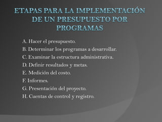 A. Hacer el presupuesto.
B. Determinar los programas a desarrollar.
C. Examinar la estructura administrativa.
D. Definir resultados y metas.
E. Medición del costo.
F. Informes.
G. Presentación del proyecto.
H. Cuentas de control y registro.
 